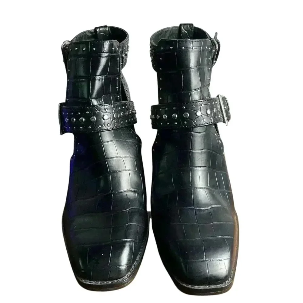 ZARA Black Croc Embossed Studded Buckle Ankle Boots Block Heel Size 38 (US 7.5)